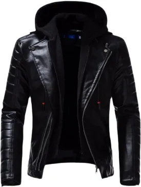 JEsilunmaMY Men's Motorcycle Jacket with Removable Hood Lapel Asymmetric Zip Leather Bomber Coat Slim Fit Moto Biker Outwear