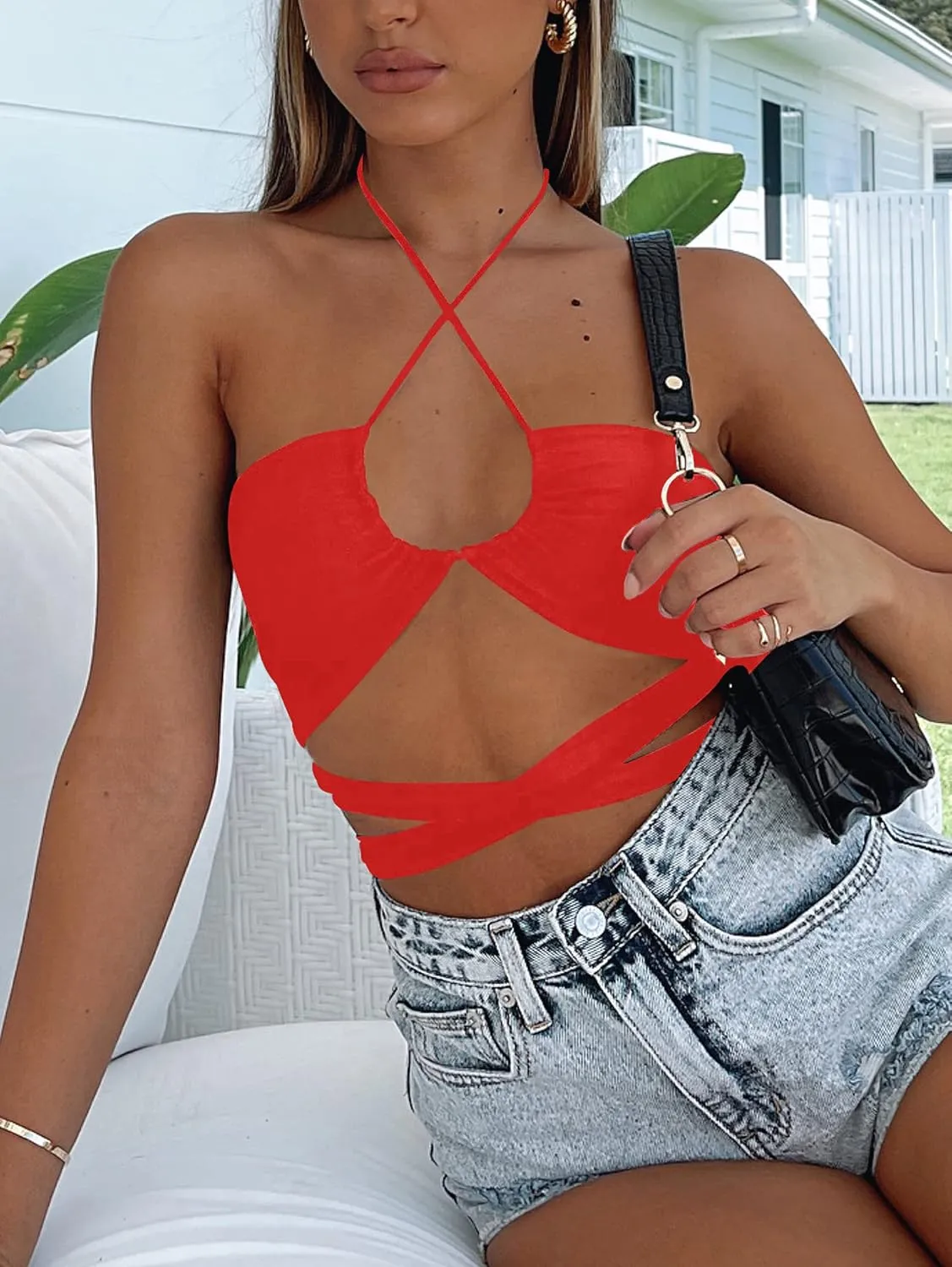 Kaximil Women's Sexy Sleeveless Halter Criss Cross Cami Lace Up Self Tie Tank Crop Tops