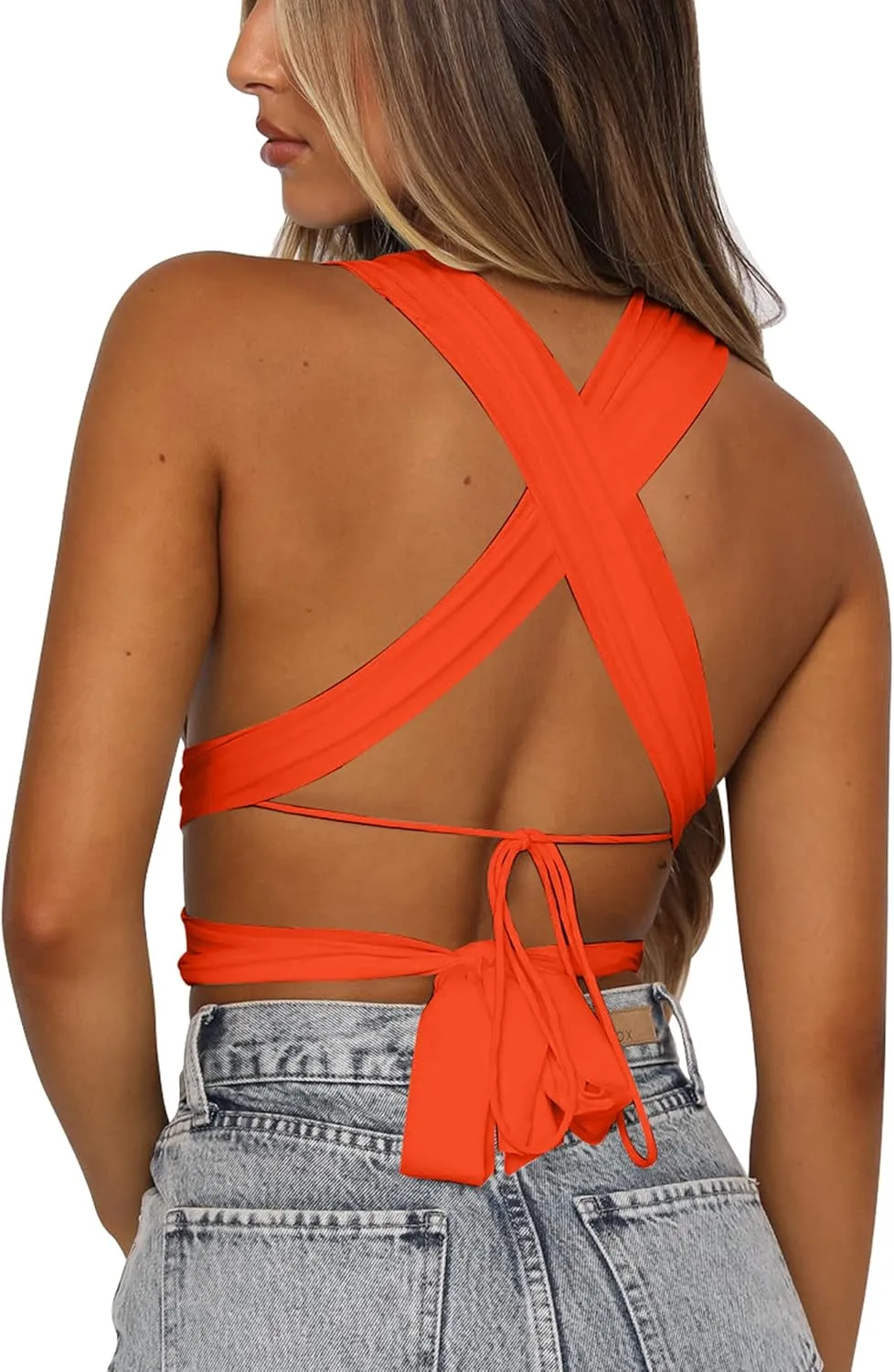 Kaximil Women's Sexy Sleeveless Halter Criss Cross Cami Lace Up Self Tie Tank Crop Tops