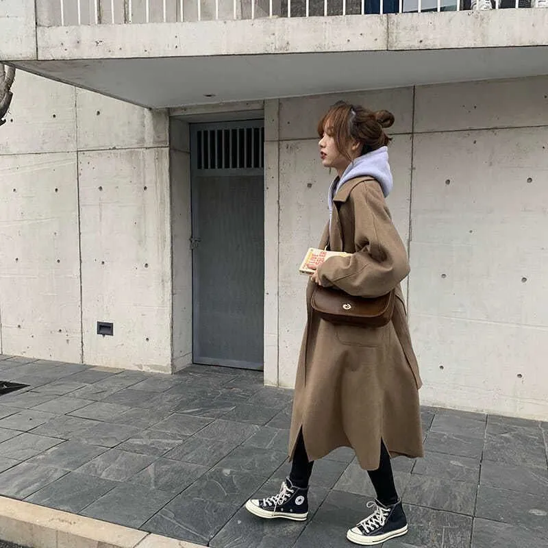 Lapel Loose Fit Pocket Woolen Overcoat