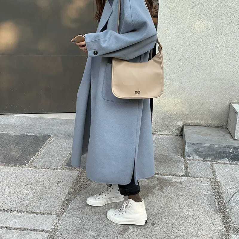 Lapel Loose Fit Pocket Woolen Overcoat