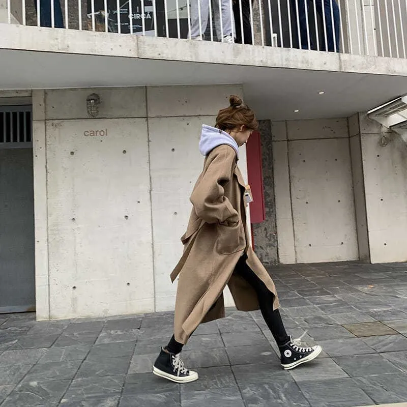Lapel Loose Fit Pocket Woolen Overcoat