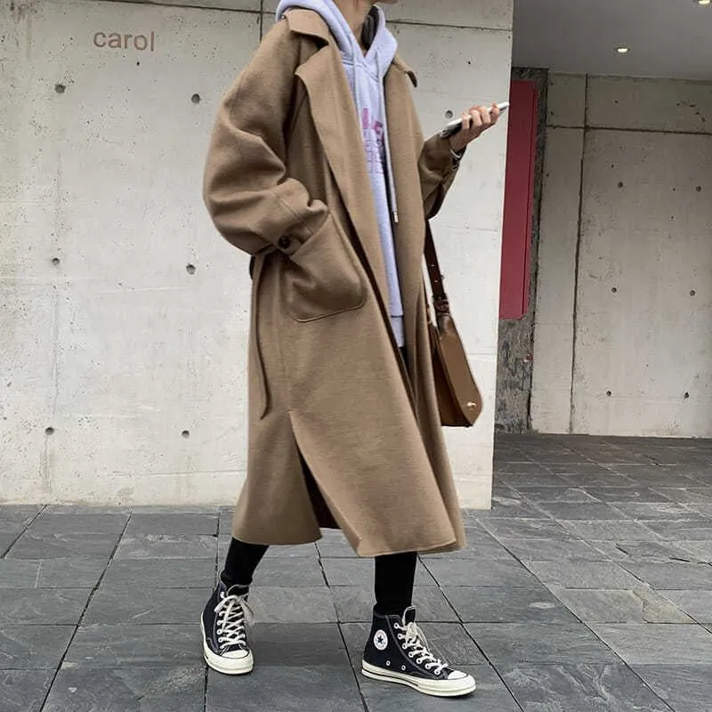 Lapel Loose Fit Pocket Woolen Overcoat