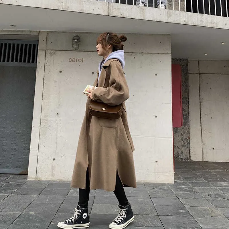 Lapel Loose Fit Pocket Woolen Overcoat