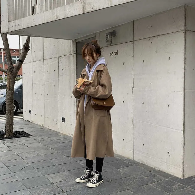Lapel Loose Fit Pocket Woolen Overcoat