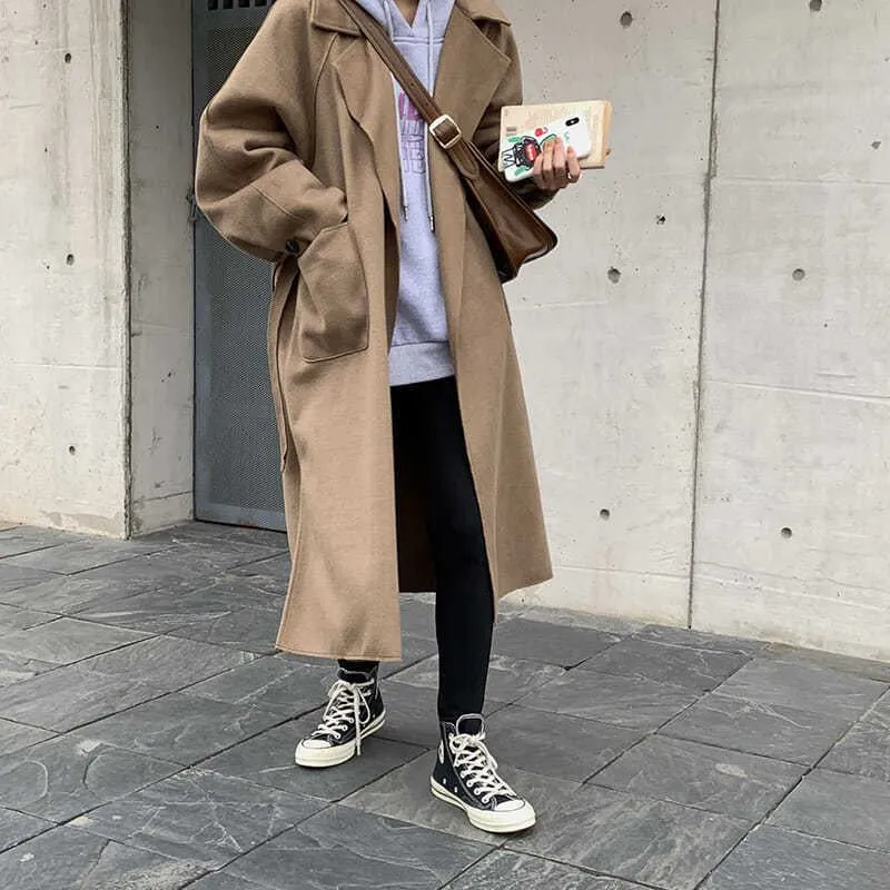 Lapel Loose Fit Pocket Woolen Overcoat