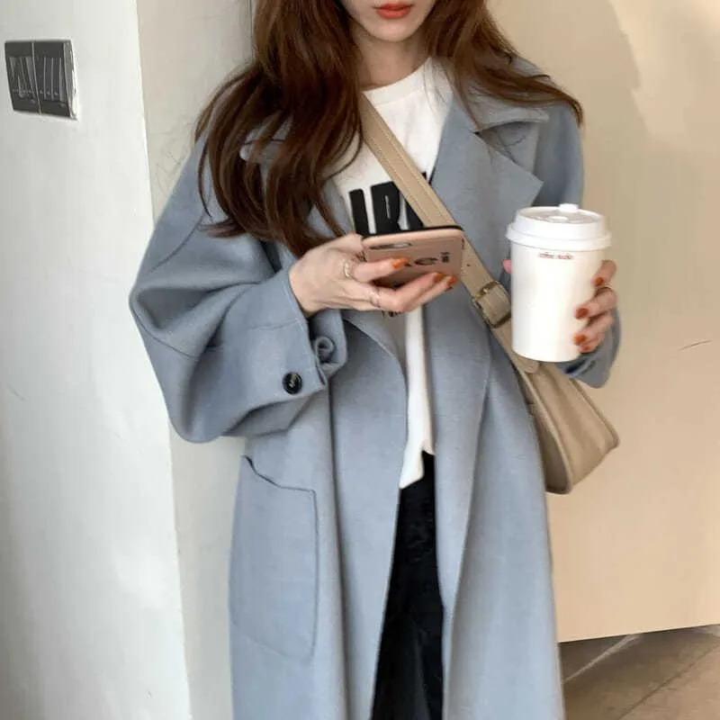 Lapel Loose Fit Pocket Woolen Overcoat