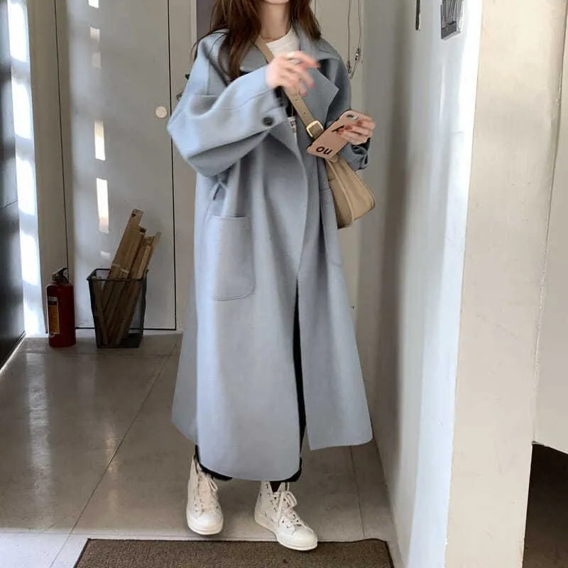 Lapel Loose Fit Pocket Woolen Overcoat