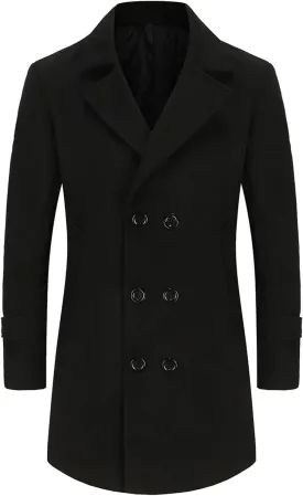 Men's Trench Casual Long Jacket Winter Classic Wool Blend Overcoat with Pockets
