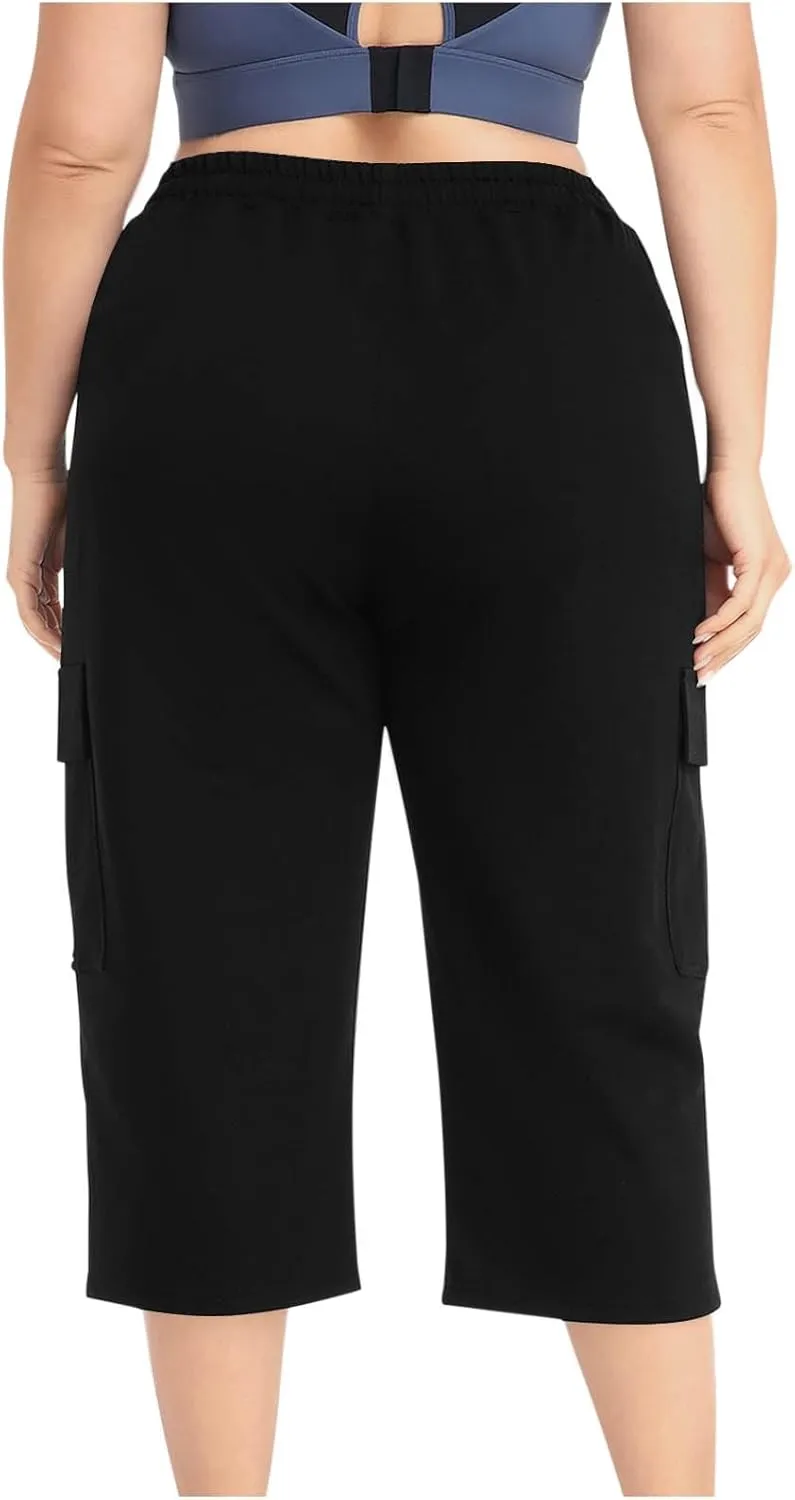 Plus Size Capri Pants for Women Stretch Cropped Cargo Pants Drawstring Elastic Waist Wide Leg Loose Comfy Joggers