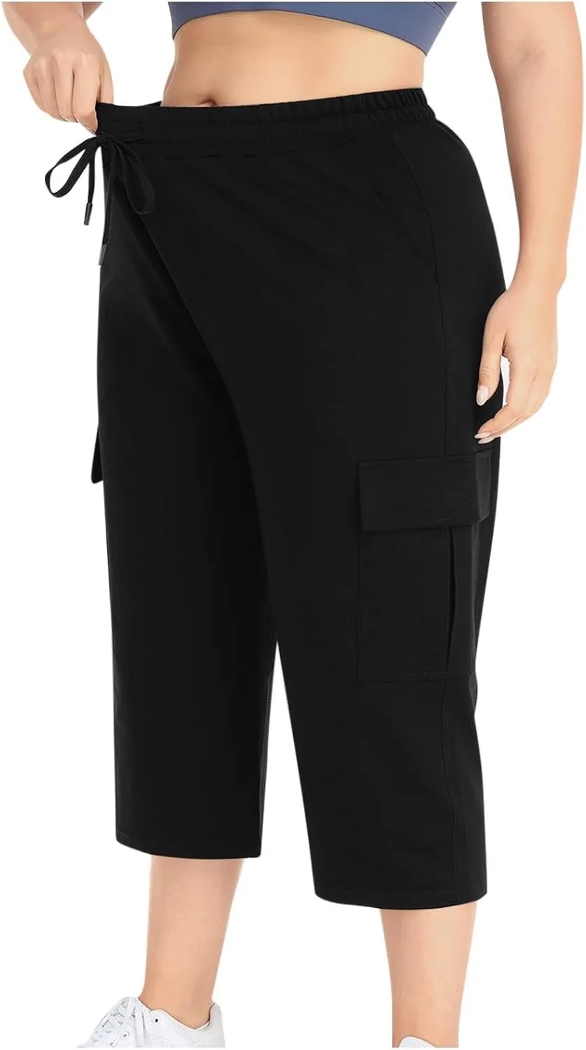 Plus Size Capri Pants for Women Stretch Cropped Cargo Pants Drawstring Elastic Waist Wide Leg Loose Comfy Joggers
