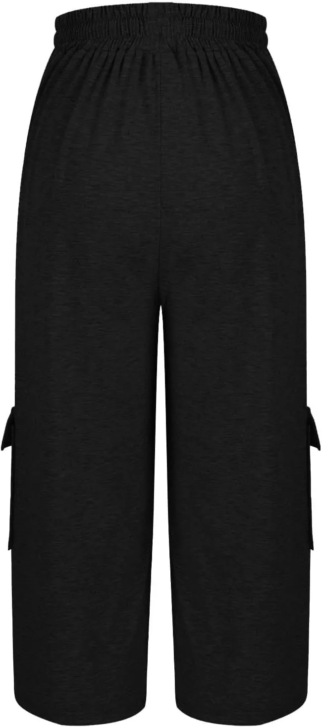 Plus Size Capri Pants for Women Stretch Cropped Cargo Pants Drawstring Elastic Waist Wide Leg Loose Comfy Joggers