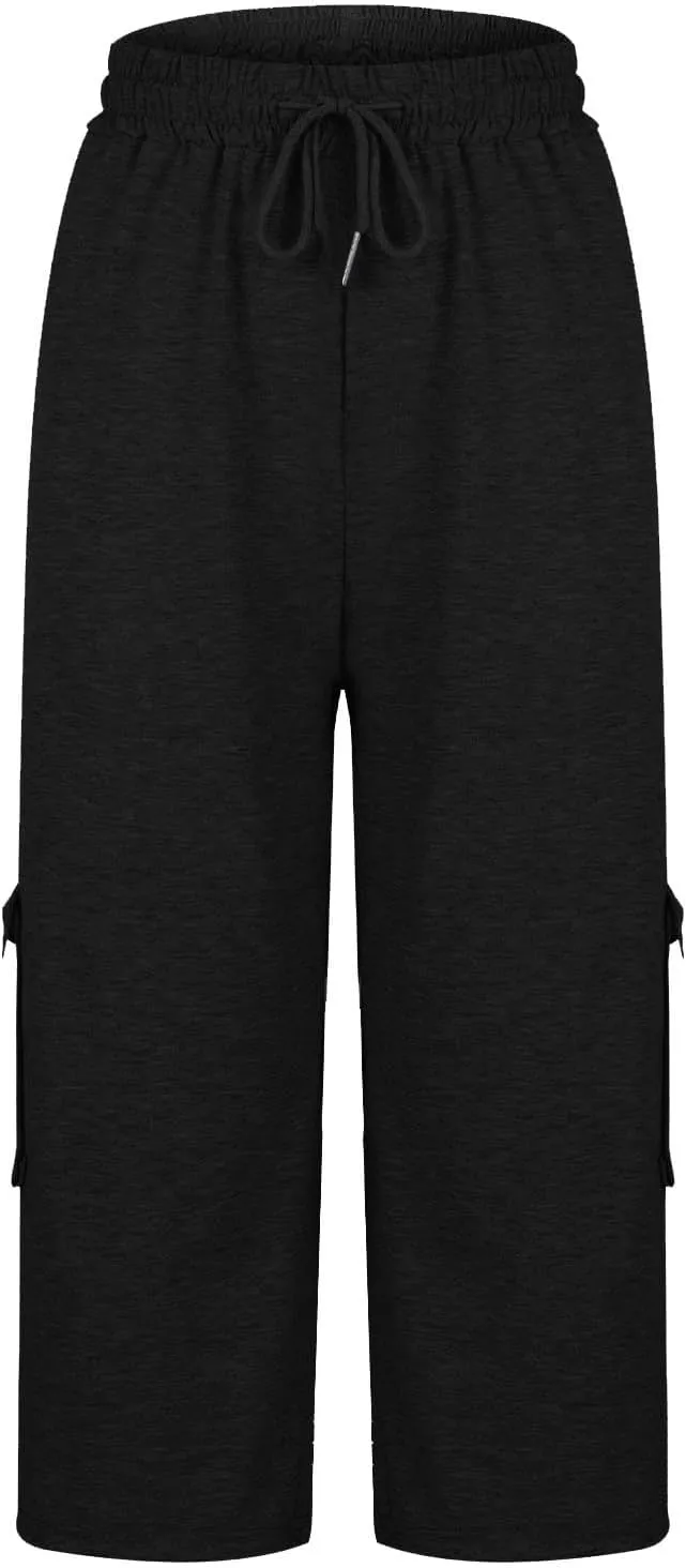 Plus Size Capri Pants for Women Stretch Cropped Cargo Pants Drawstring Elastic Waist Wide Leg Loose Comfy Joggers