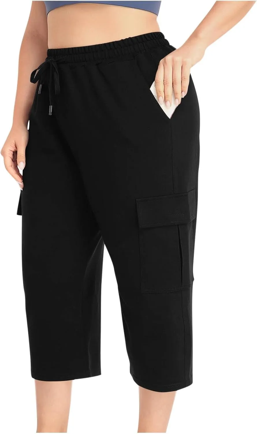 Plus Size Capri Pants for Women Stretch Cropped Cargo Pants Drawstring Elastic Waist Wide Leg Loose Comfy Joggers