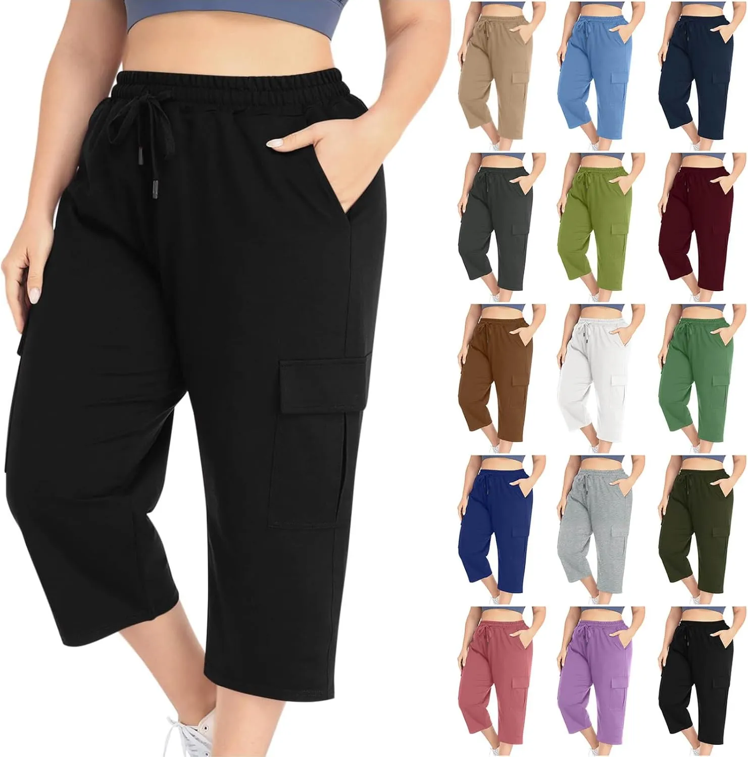 Plus Size Capri Pants for Women Stretch Cropped Cargo Pants Drawstring Elastic Waist Wide Leg Loose Comfy Joggers