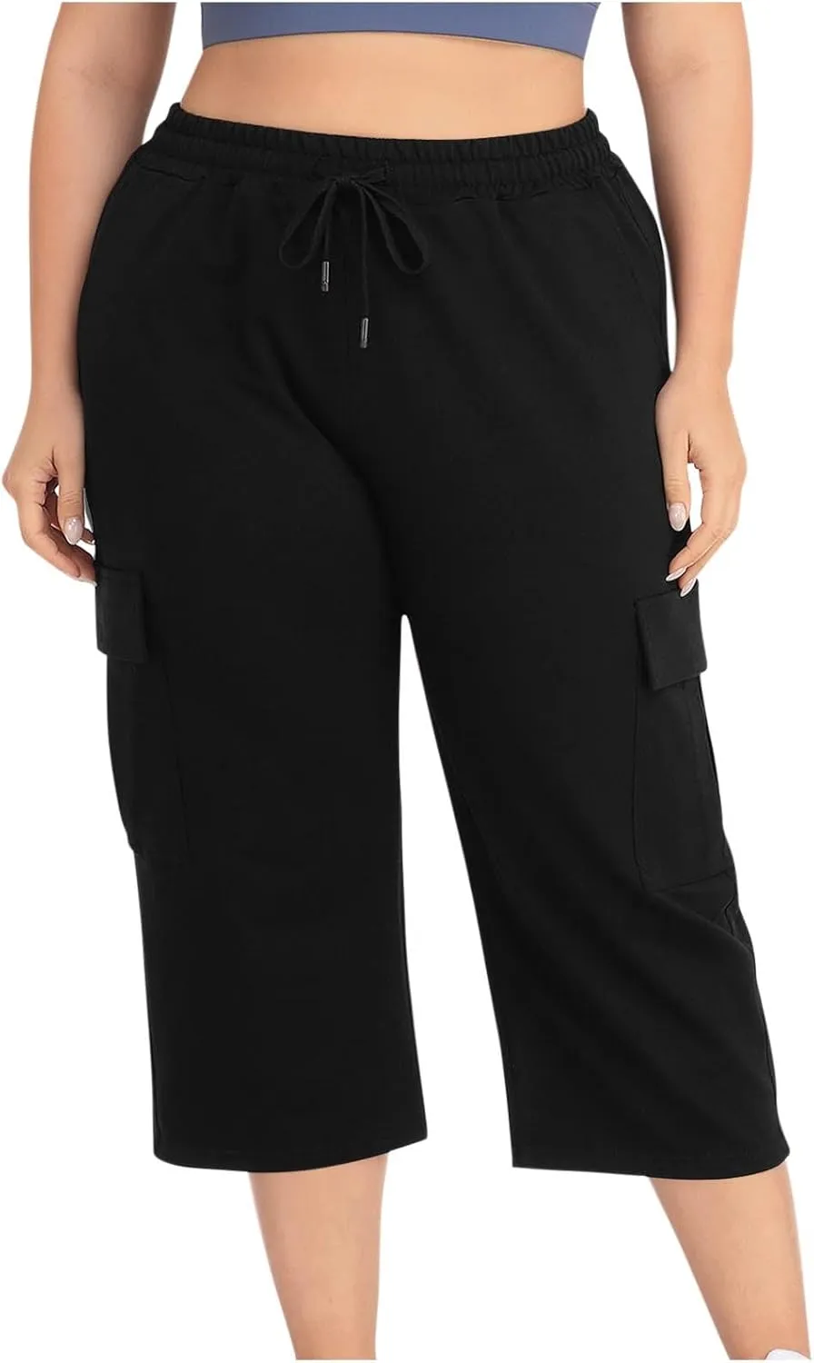 Plus Size Capri Pants for Women Stretch Cropped Cargo Pants Drawstring Elastic Waist Wide Leg Loose Comfy Joggers