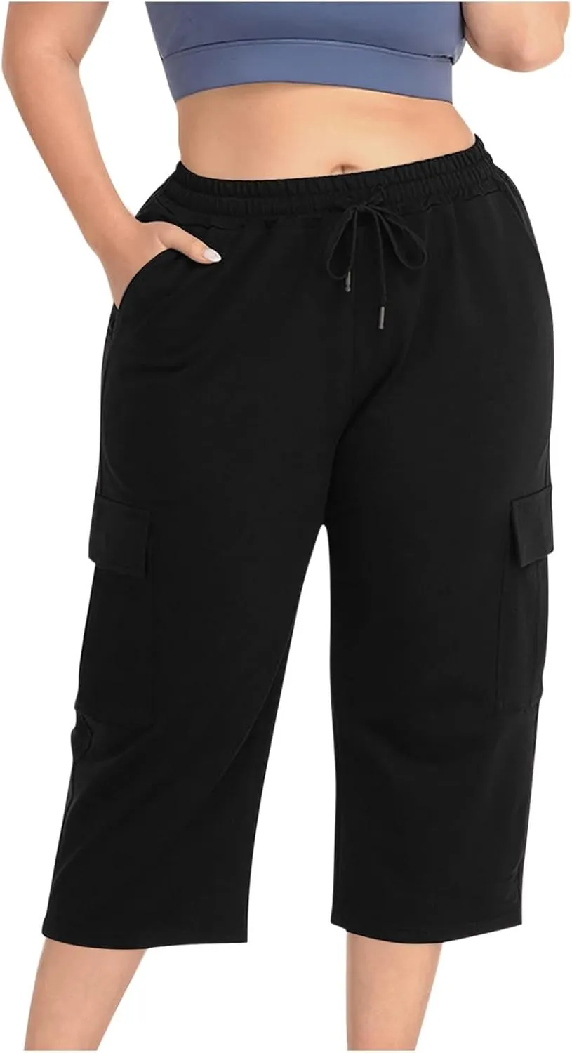 Plus Size Capri Pants for Women Stretch Cropped Cargo Pants Drawstring Elastic Waist Wide Leg Loose Comfy Joggers