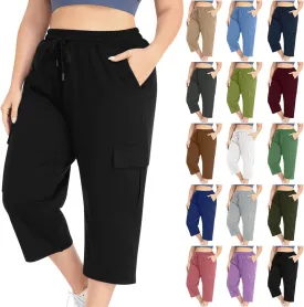 Plus Size Capri Pants for Women Stretch Cropped Cargo Pants Drawstring Elastic Waist Wide Leg Loose Comfy Joggers