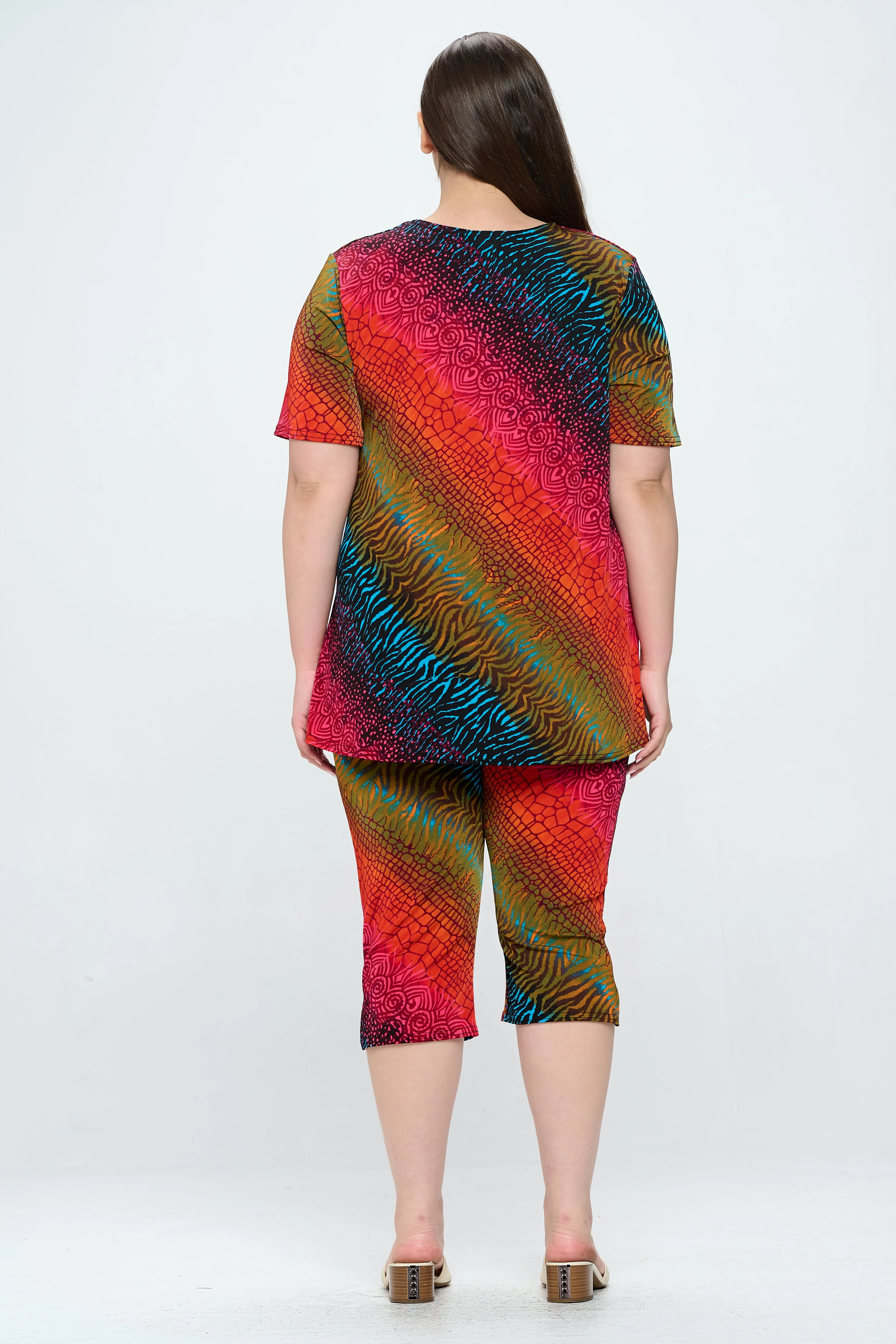 Plus Size Print  Capri Pant Set-9003BN-SXP1-W182