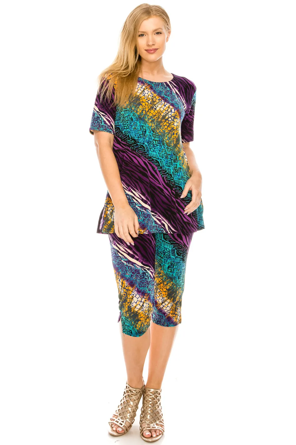 Plus Size Print  Capri Pant Set-9003BN-SXP1-W182