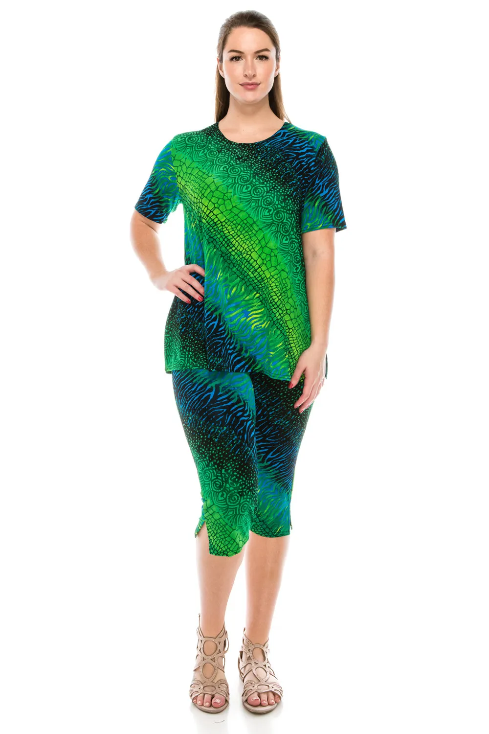 Plus Size Print  Capri Pant Set-9003BN-SXP1-W182