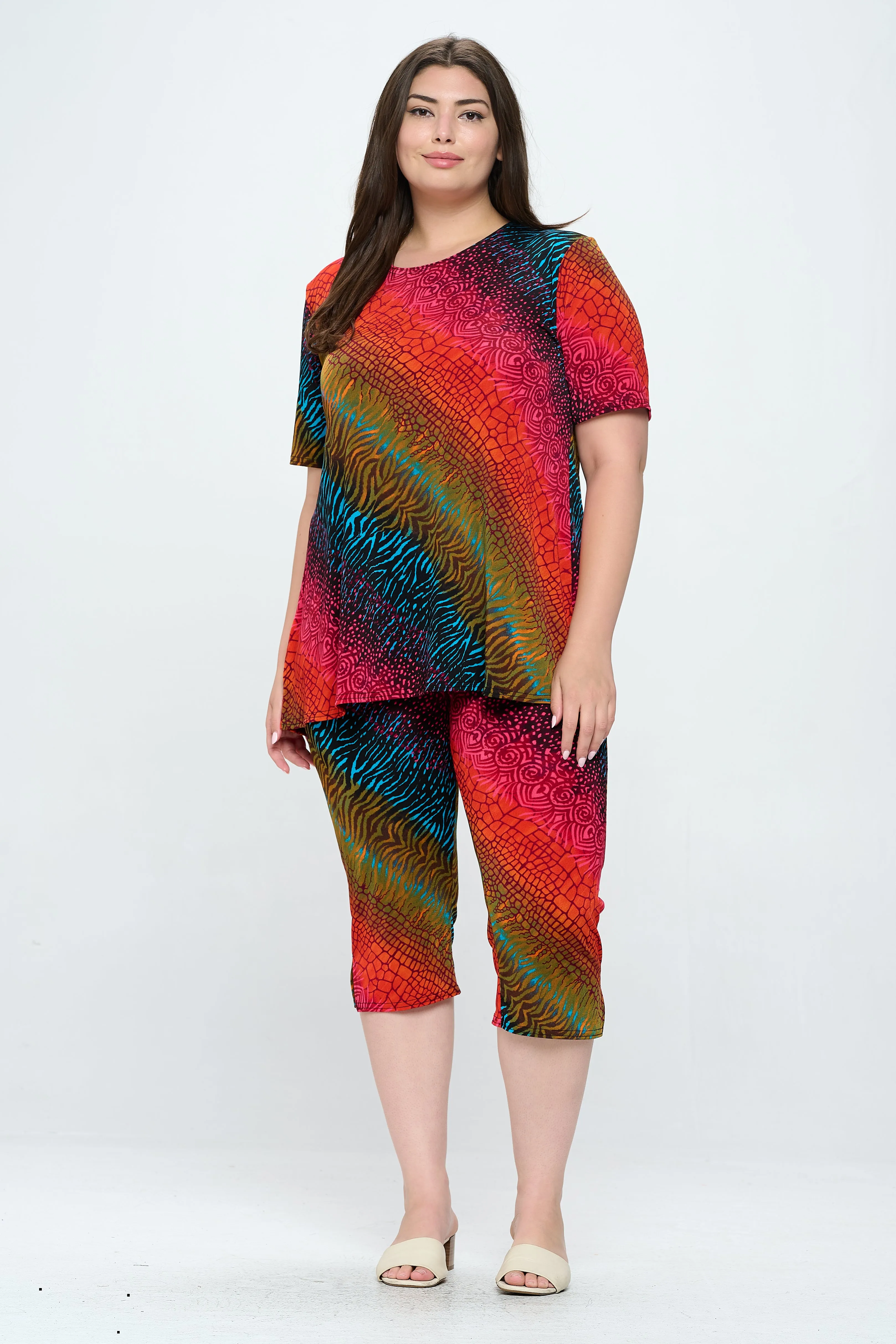 Plus Size Print  Capri Pant Set-9003BN-SXP1-W182