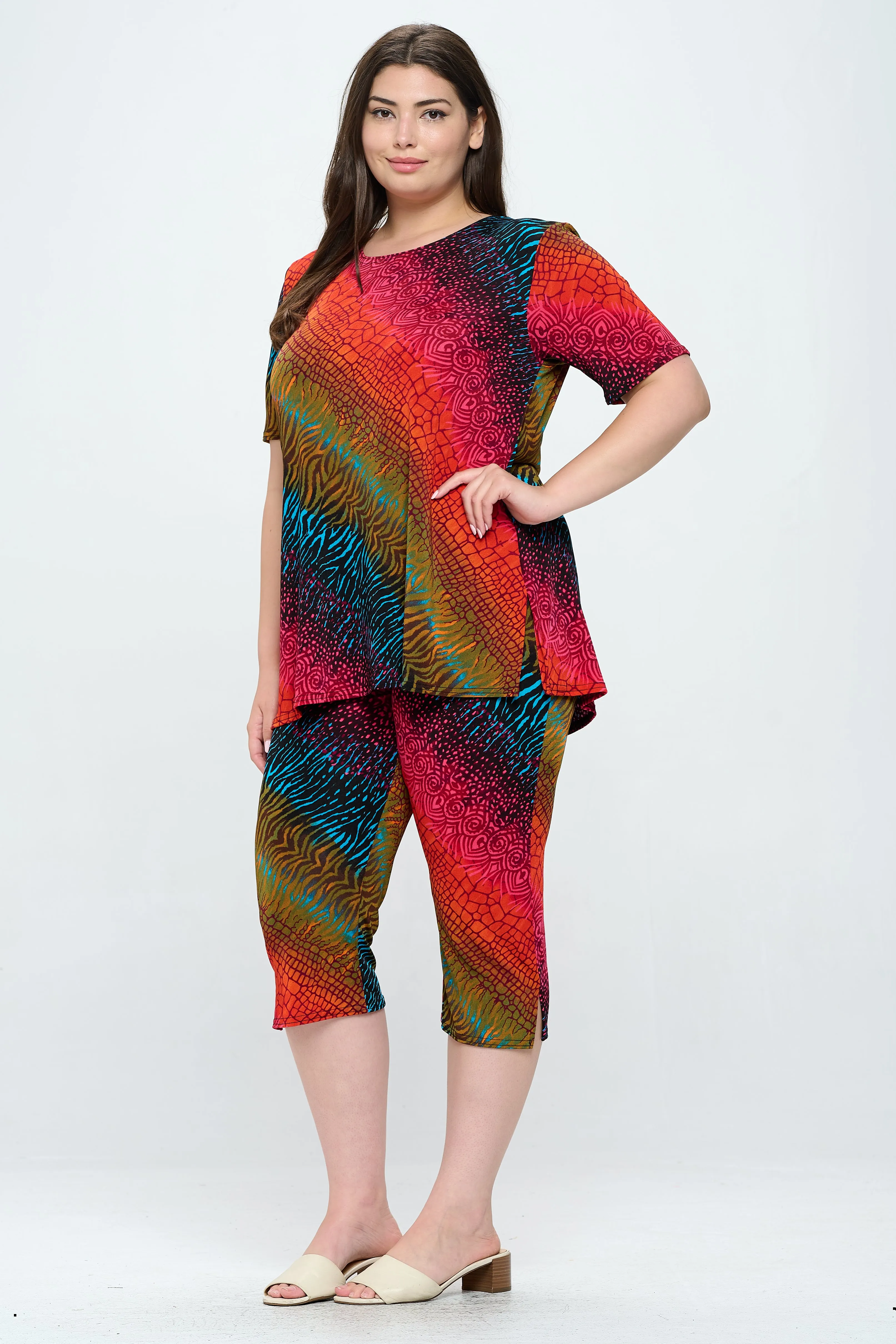 Plus Size Print  Capri Pant Set-9003BN-SXP1-W182