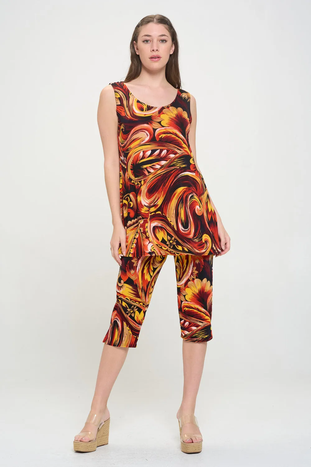 Plus Size Print Sleeveless Capri Pant Set-9002BN-TXP-W435
