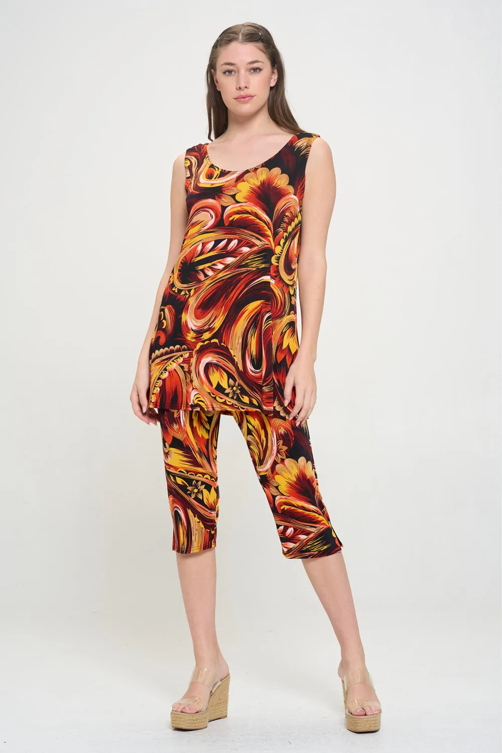 Plus Size Print Sleeveless Capri Pant Set-9002BN-TXP-W435