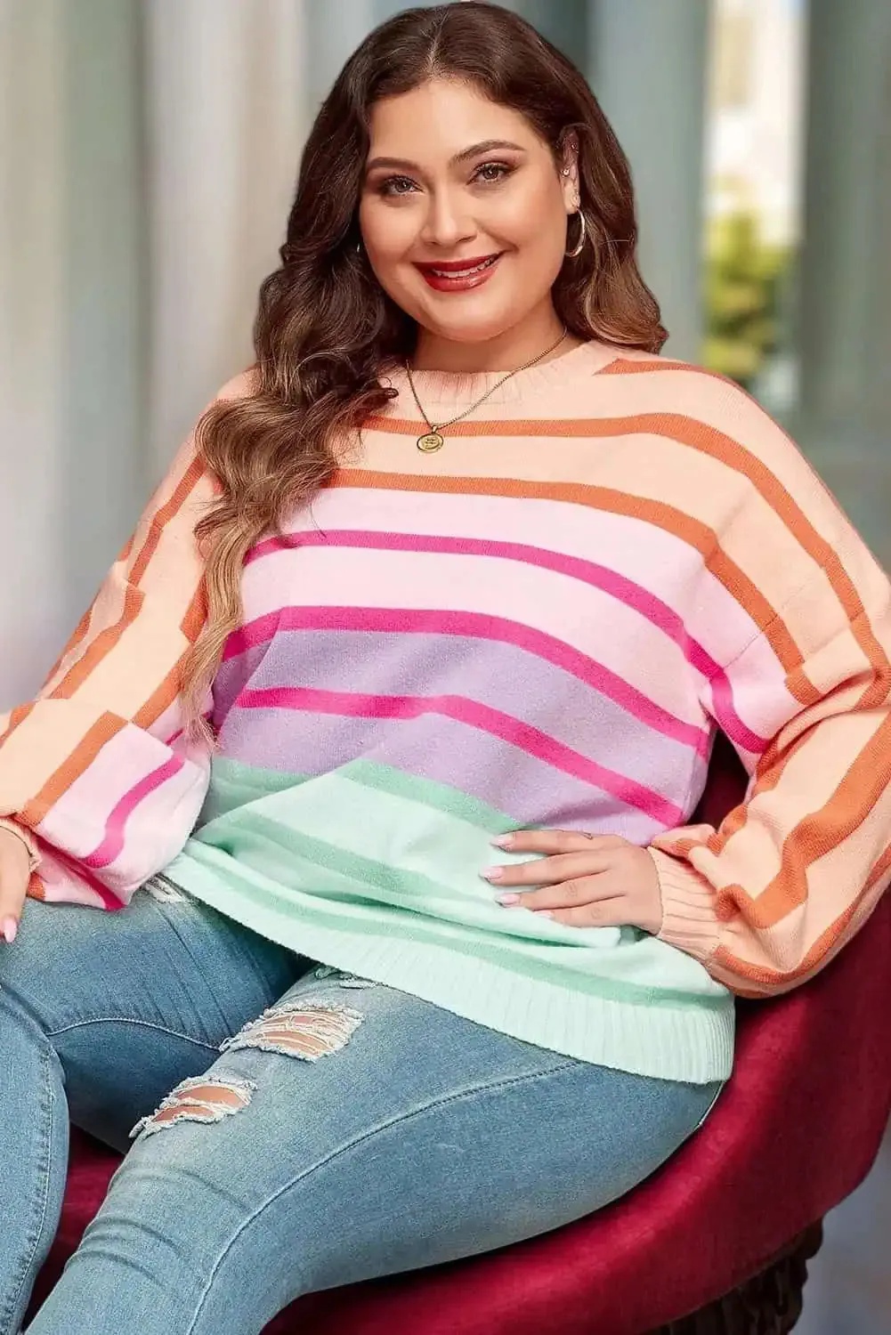 Plus Size Striped Round Neck Long Sleeve Sweater