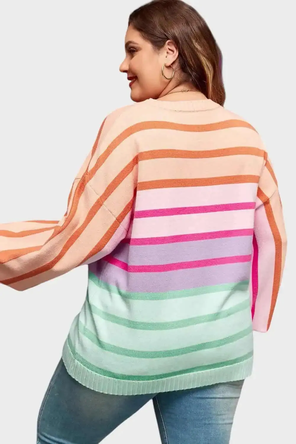 Plus Size Striped Round Neck Long Sleeve Sweater
