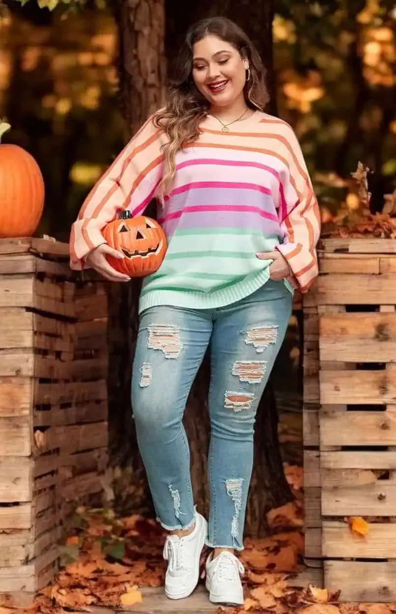 Plus Size Striped Round Neck Long Sleeve Sweater