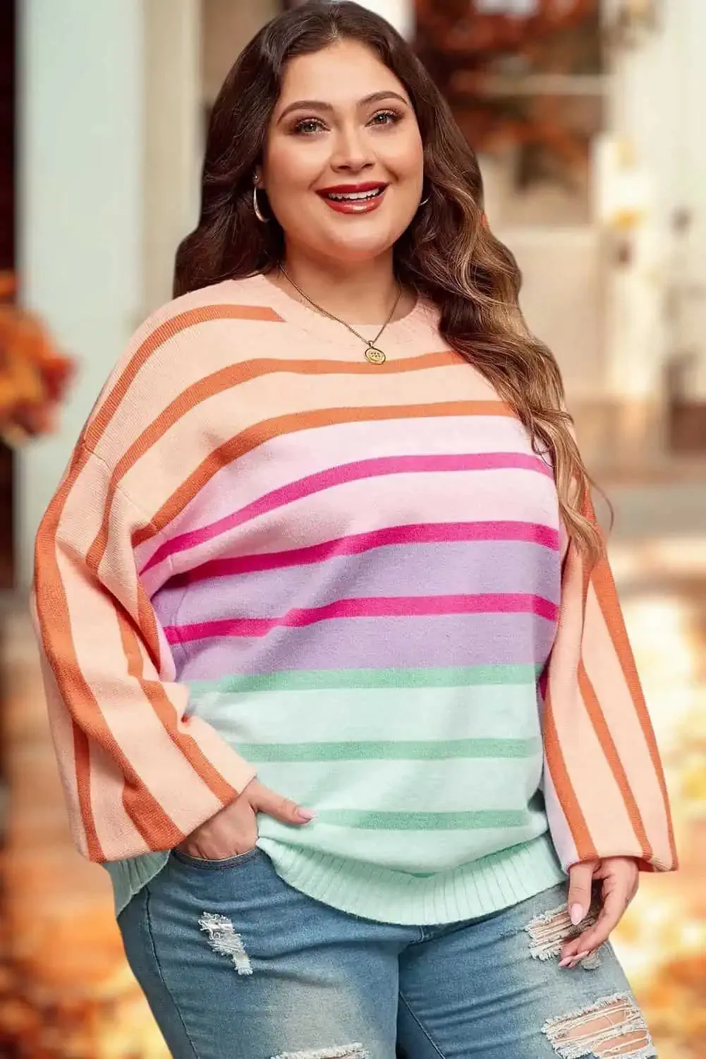 Plus Size Striped Round Neck Long Sleeve Sweater