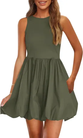 PRETTYGARDEN Summer Dresses for Women 2025 Casual Sleeveless Tank Mini Short Dress Crew Neck Bubble Sundress with Pockets