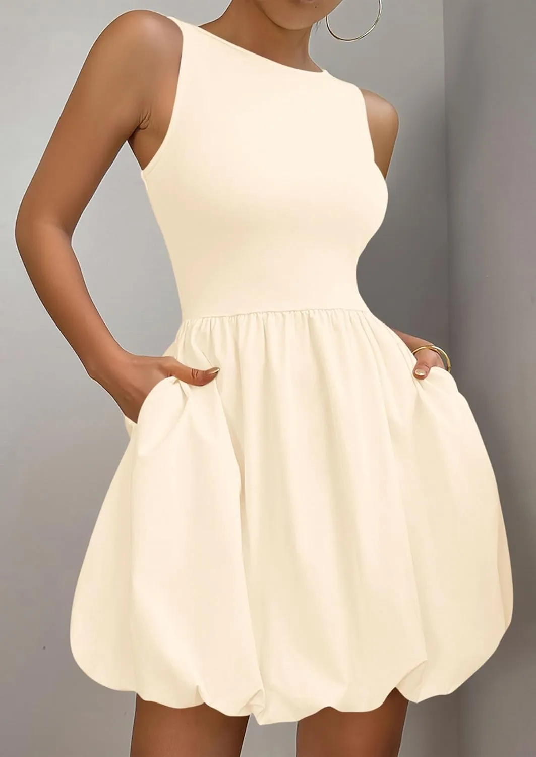PRETTYGARDEN Summer Dresses for Women 2025 Casual Sleeveless Tank Mini Short Dress Crew Neck Bubble Sundress with Pockets