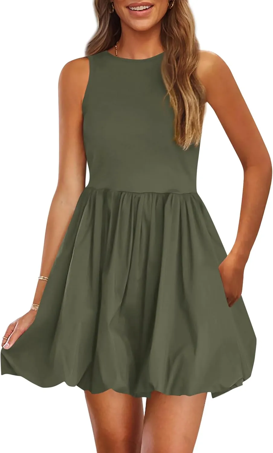 PRETTYGARDEN Summer Dresses for Women 2025 Casual Sleeveless Tank Mini Short Dress Crew Neck Bubble Sundress with Pockets