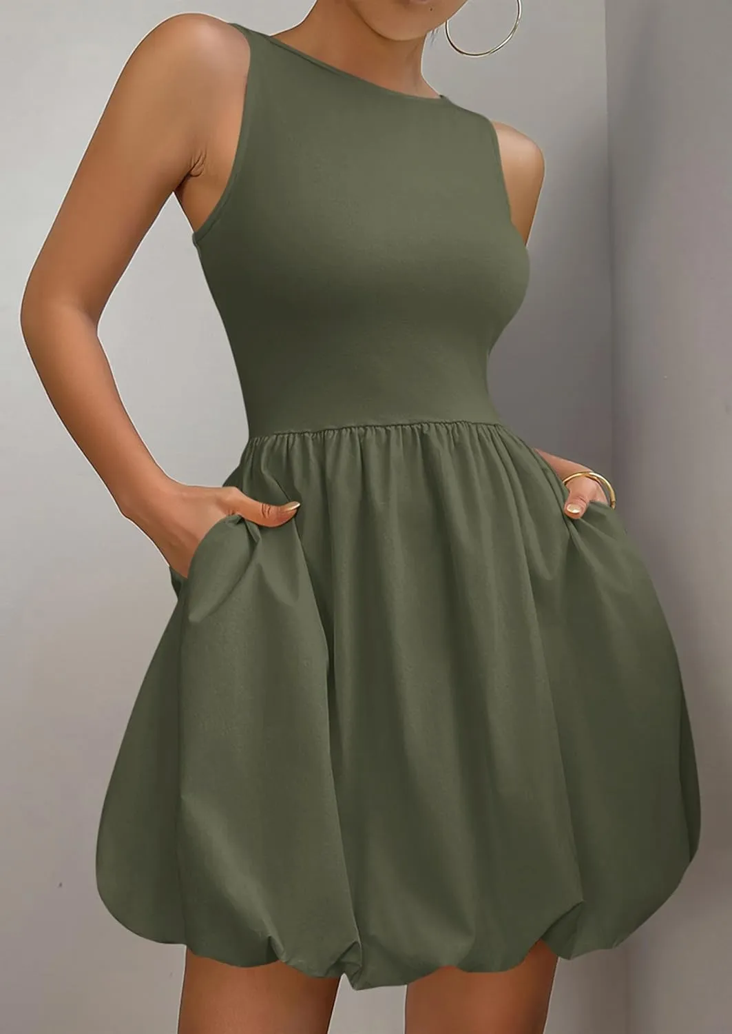 PRETTYGARDEN Summer Dresses for Women 2025 Casual Sleeveless Tank Mini Short Dress Crew Neck Bubble Sundress with Pockets
