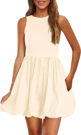 PRETTYGARDEN Summer Dresses for Women 2025 Casual Sleeveless Tank Mini Short Dress Crew Neck Bubble Sundress with Pockets