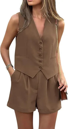PRETTYGARDEN Women Summer 2 Piece Outfits V Neck Sleeveless Button Down Vest Shorts Sets Business Work Matching Set 2025