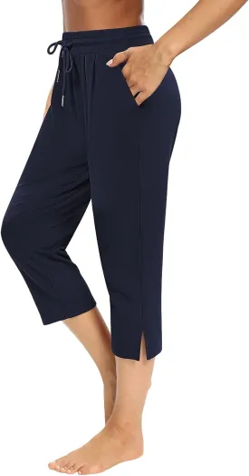 Sarin Mathews Womens Capri Yoga Pants Loose Workout Joggers Drawstring Sweatpants Lounge Pajama Capris Pants with Pockets
