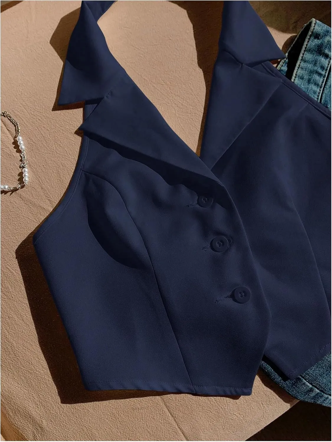 SOLY HUX Women's Halter V Neck Vest Button Down Backless Crop Tank Tops Sleeveless Blazer Waistcoat