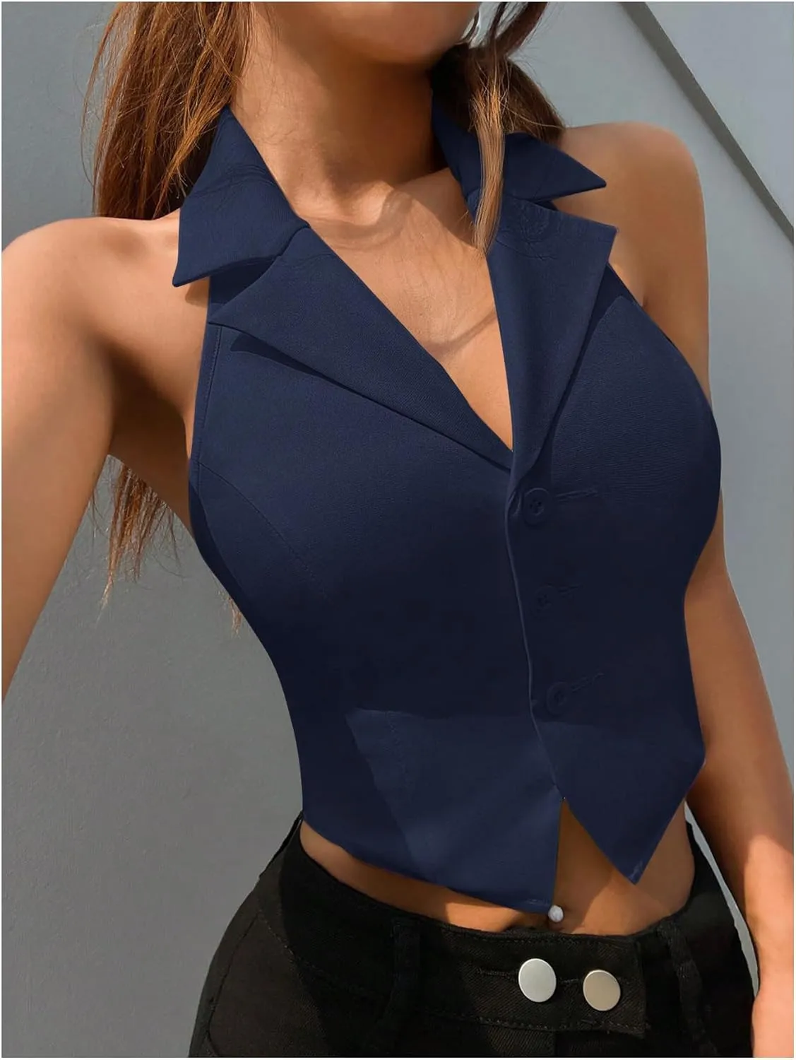 SOLY HUX Women's Halter V Neck Vest Button Down Backless Crop Tank Tops Sleeveless Blazer Waistcoat