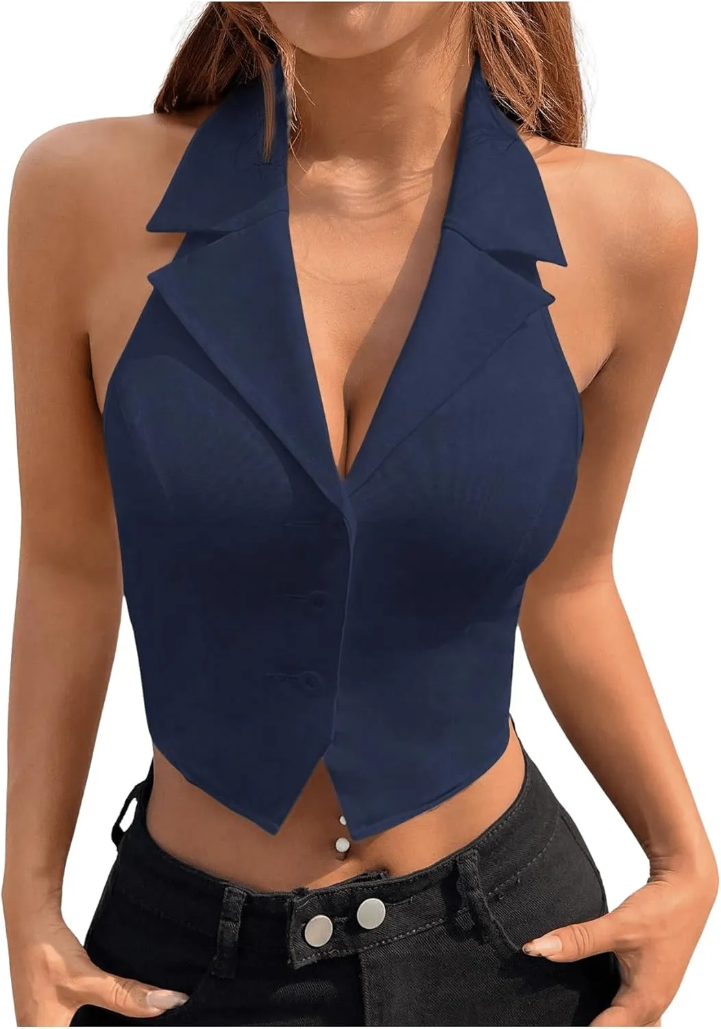 SOLY HUX Women's Halter V Neck Vest Button Down Backless Crop Tank Tops Sleeveless Blazer Waistcoat