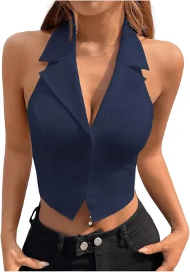 SOLY HUX Women's Halter V Neck Vest Button Down Backless Crop Tank Tops Sleeveless Blazer Waistcoat