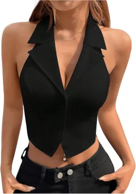 SOLY HUX Women's Halter V Neck Vest Button Down Backless Crop Tank Tops Sleeveless Blazer Waistcoat