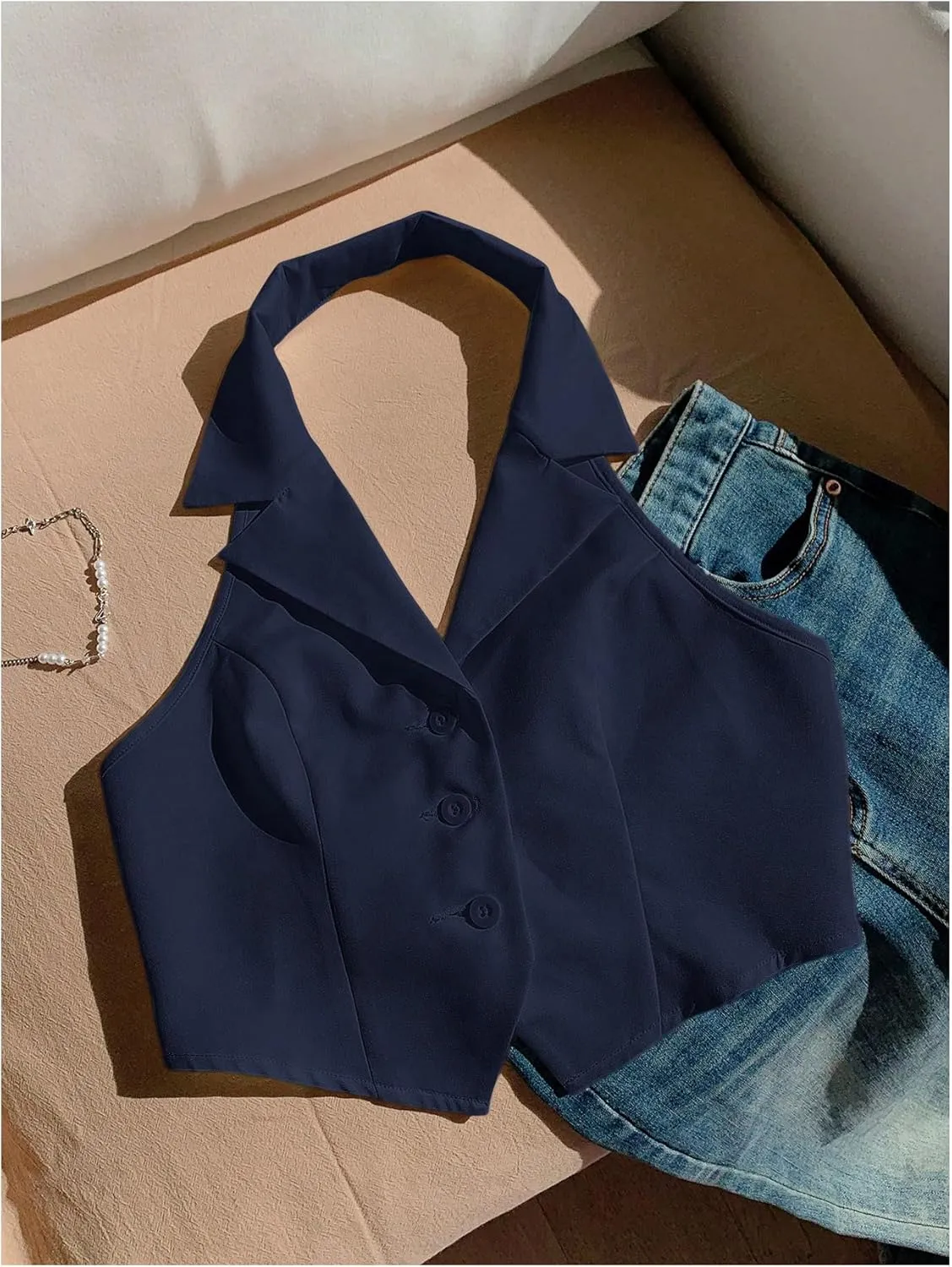 SOLY HUX Women's Halter V Neck Vest Button Down Backless Crop Tank Tops Sleeveless Blazer Waistcoat