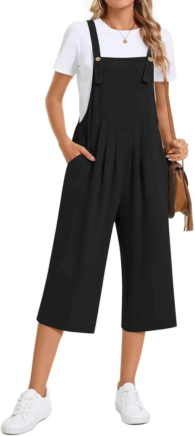 TAOHUADAO Womens Adjustable Jumpsuits Casual Wide Leg Overalls Summer Boho Sleeveless Loose Rompers with Pocket