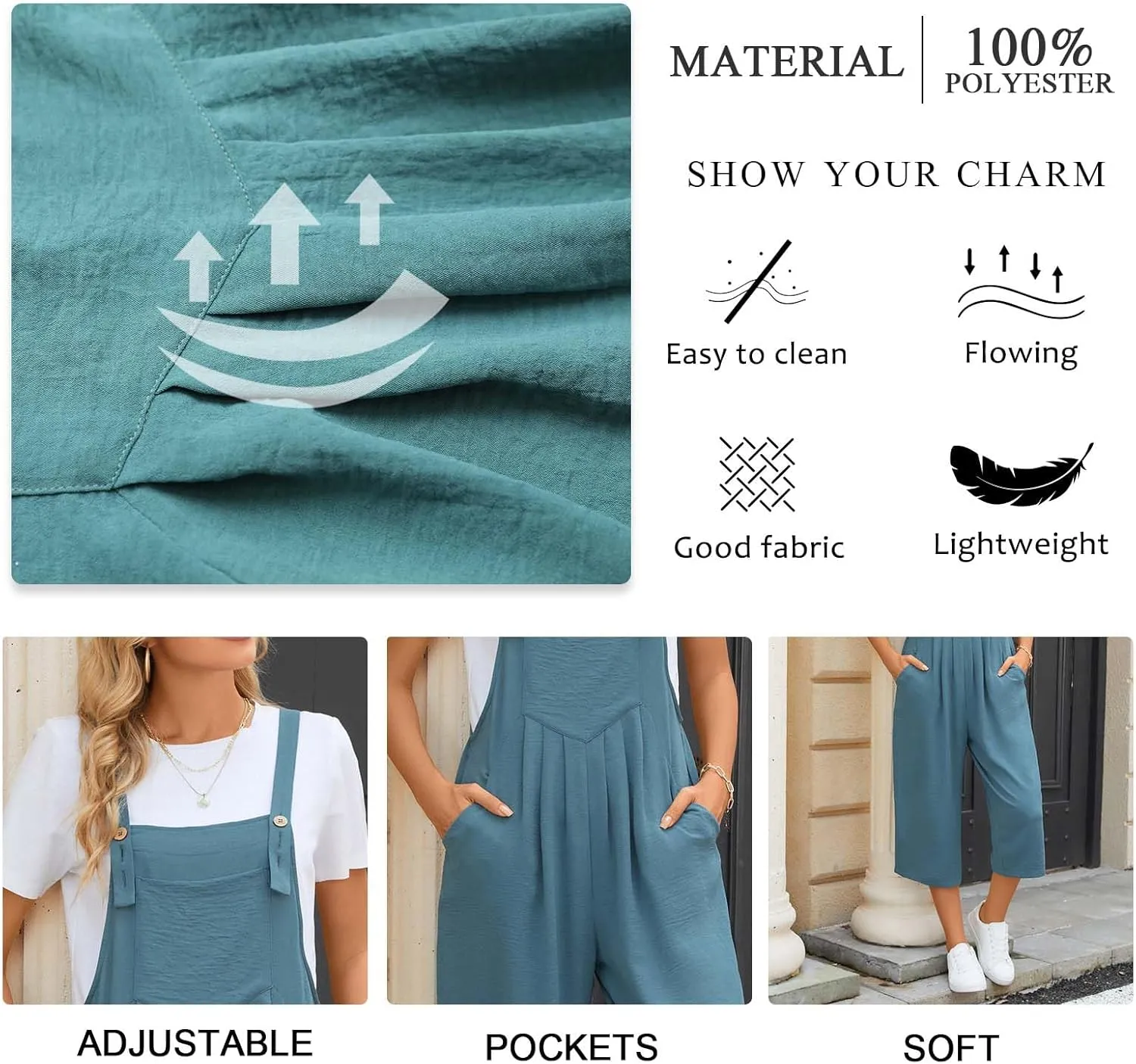 TAOHUADAO Womens Adjustable Jumpsuits Casual Wide Leg Overalls Summer Boho Sleeveless Loose Rompers with Pocket
