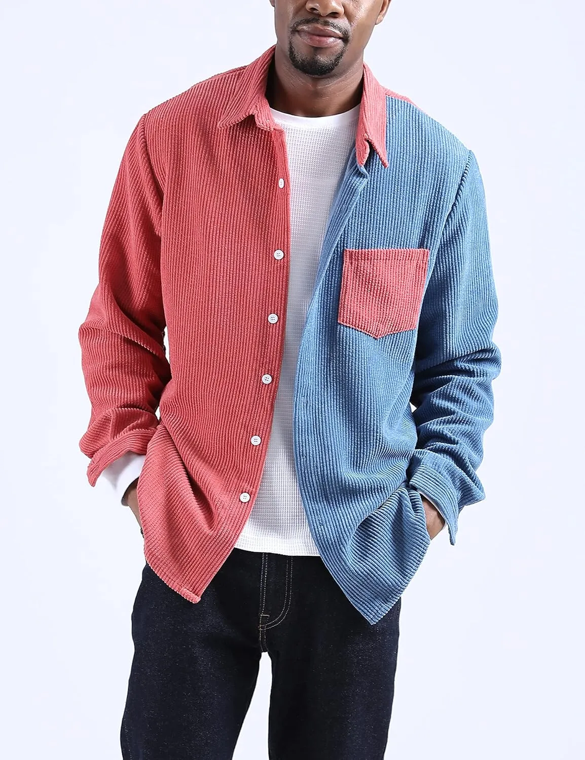 UANEO Mens Shacket Patchwork Long Sleeve Button Down Corduroy Shirts for Men