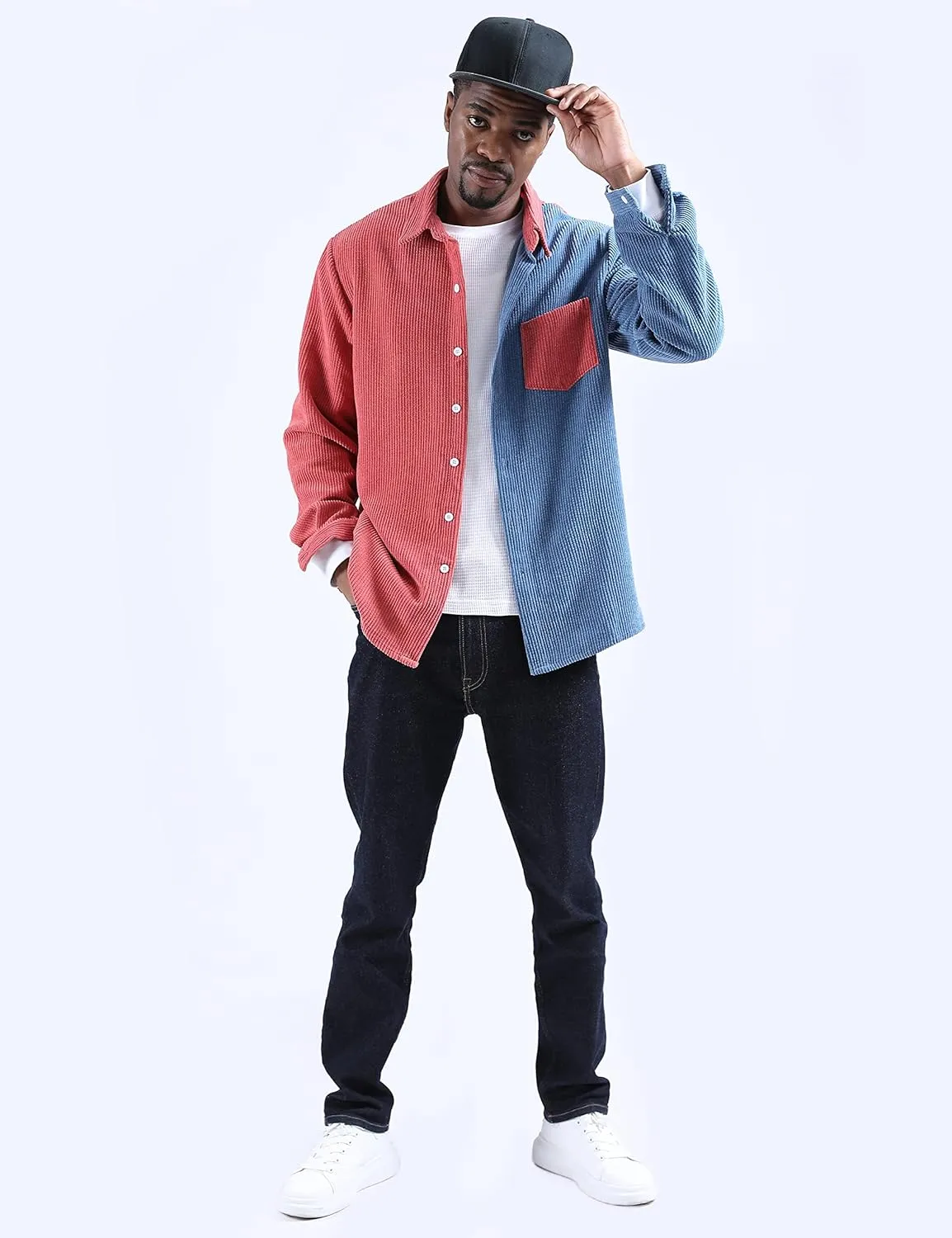 UANEO Mens Shacket Patchwork Long Sleeve Button Down Corduroy Shirts for Men